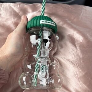 Starbucks Bear Glass with Green Lid and Straw